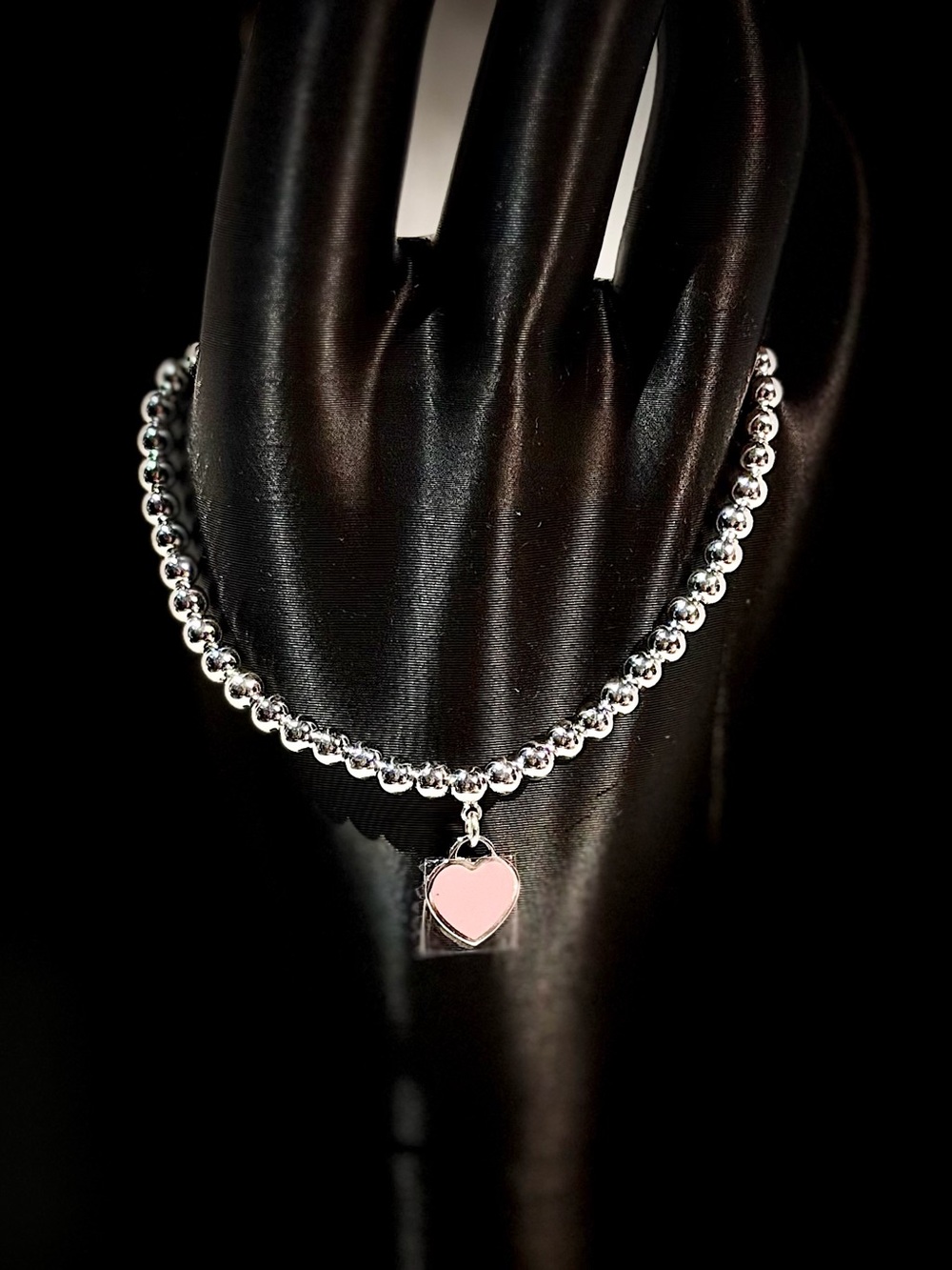 Silver Beaded Bracelet with Pink Heart Charm